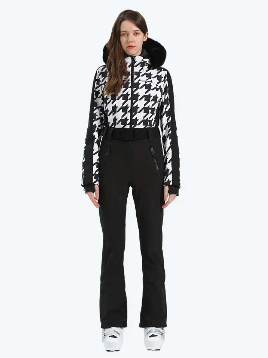 Houndstooth Slim One Piece Ski Suit Fur Collar Design