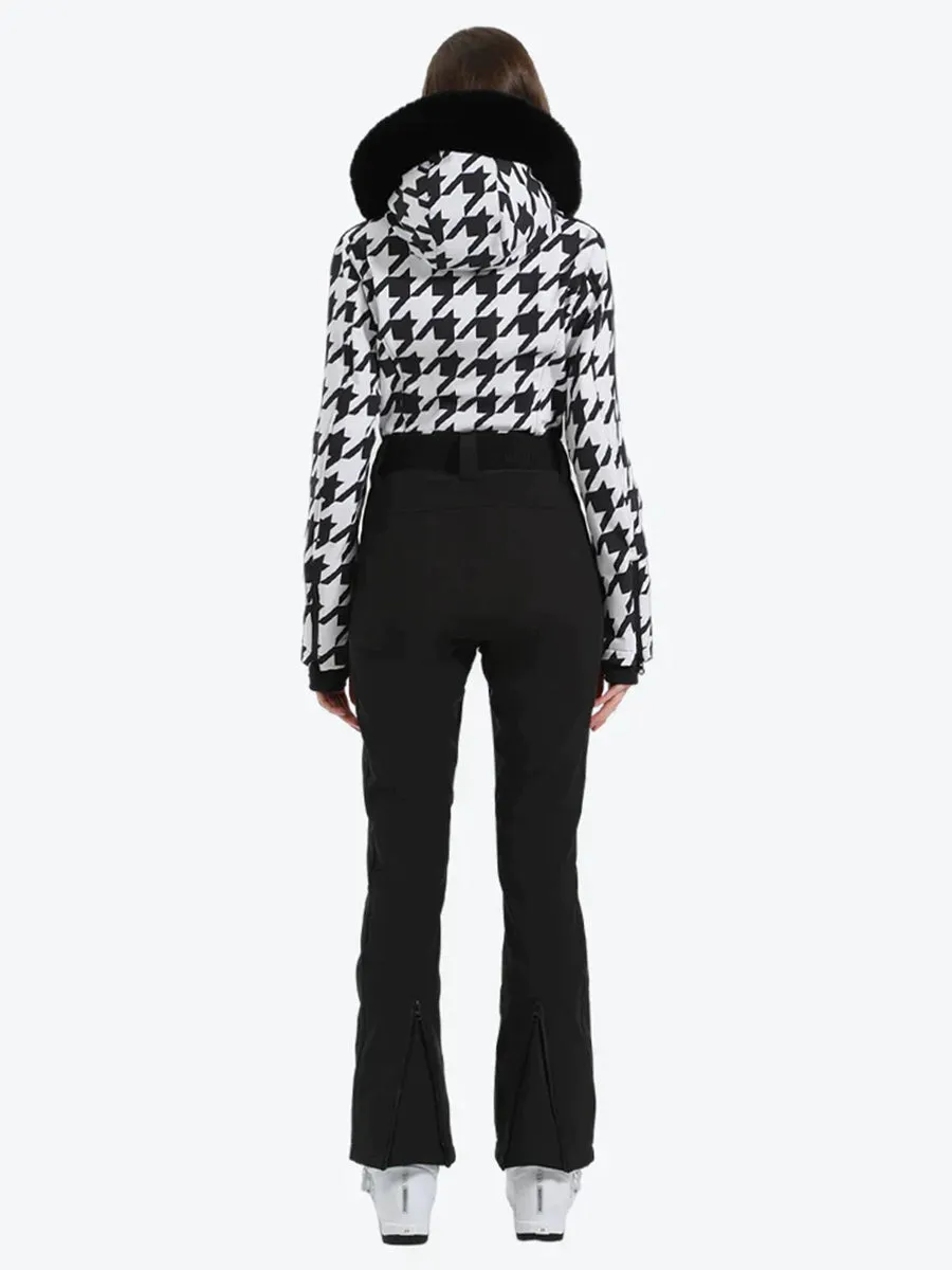 Houndstooth Slim One Piece Ski Suit Fur Collar Design