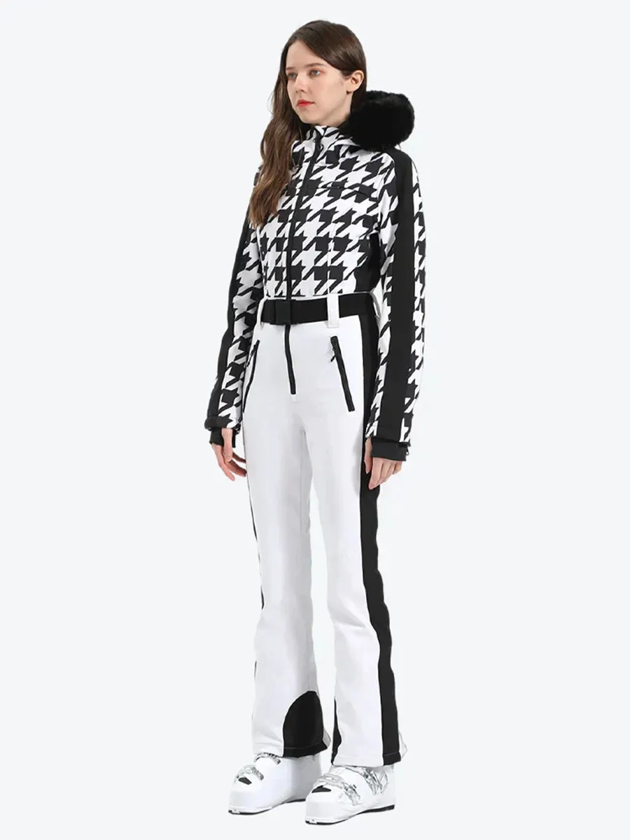 Houndstooth Slim One Piece Ski Suit Fur Collar Design