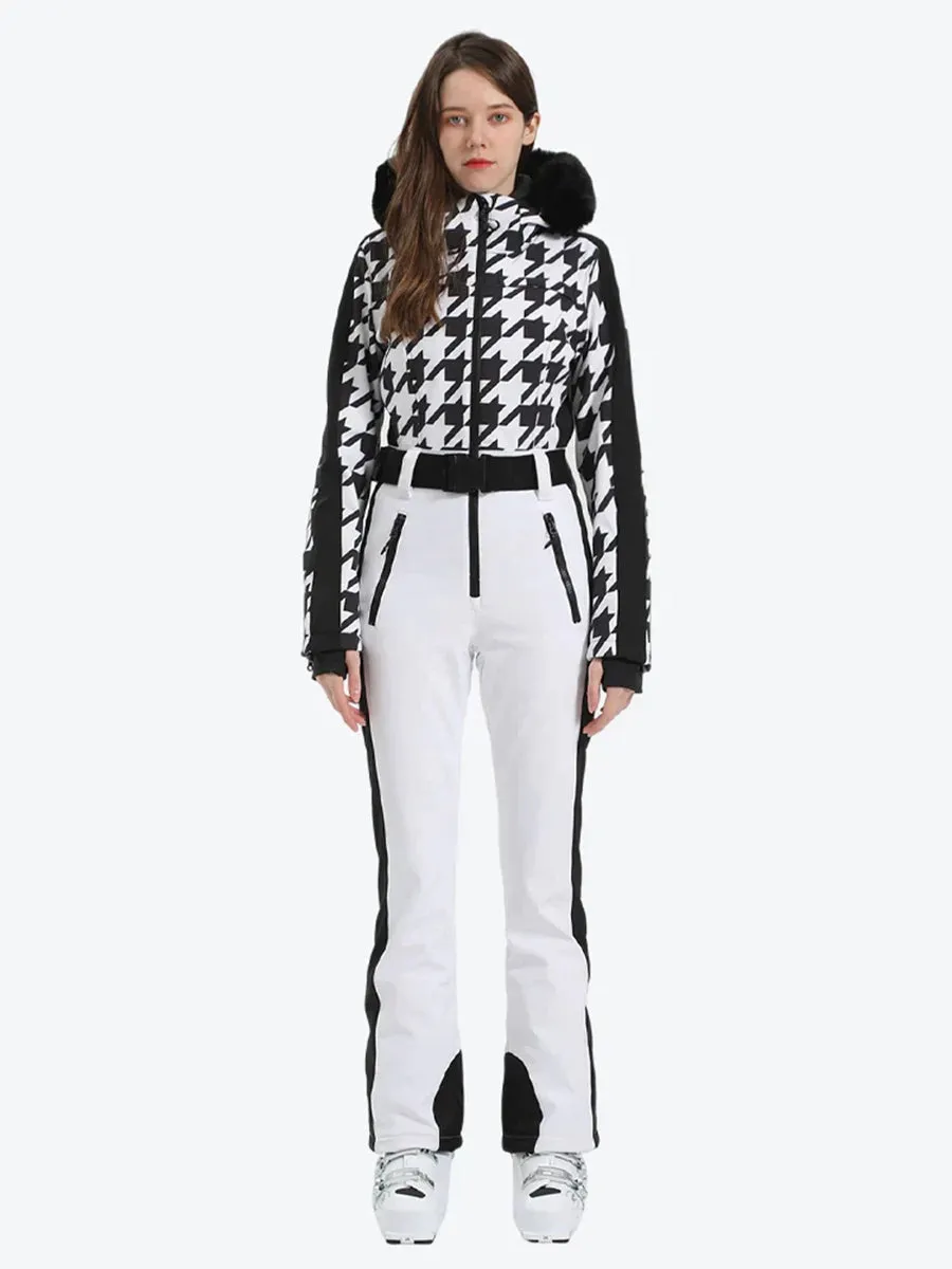 Houndstooth Slim One Piece Ski Suit Fur Collar Design