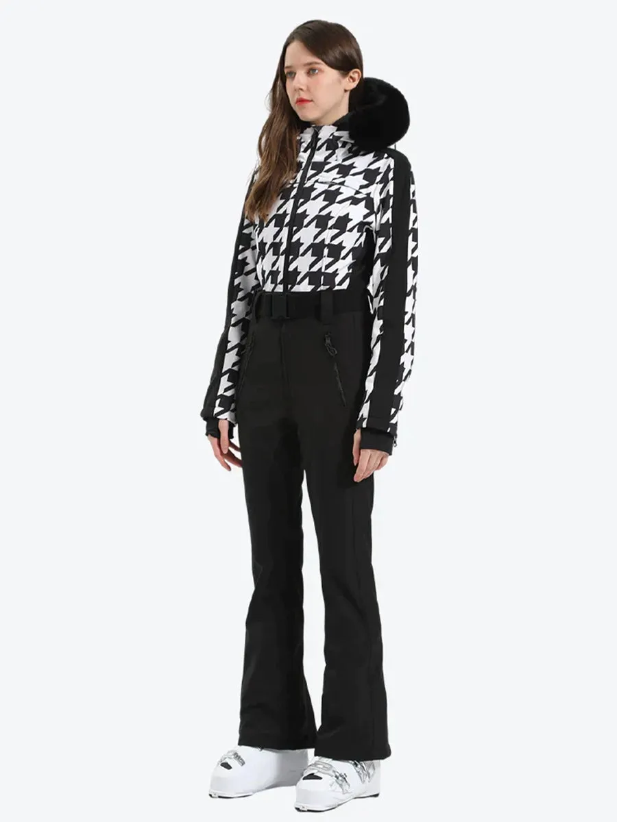 Houndstooth Slim One Piece Ski Suit Fur Collar Design