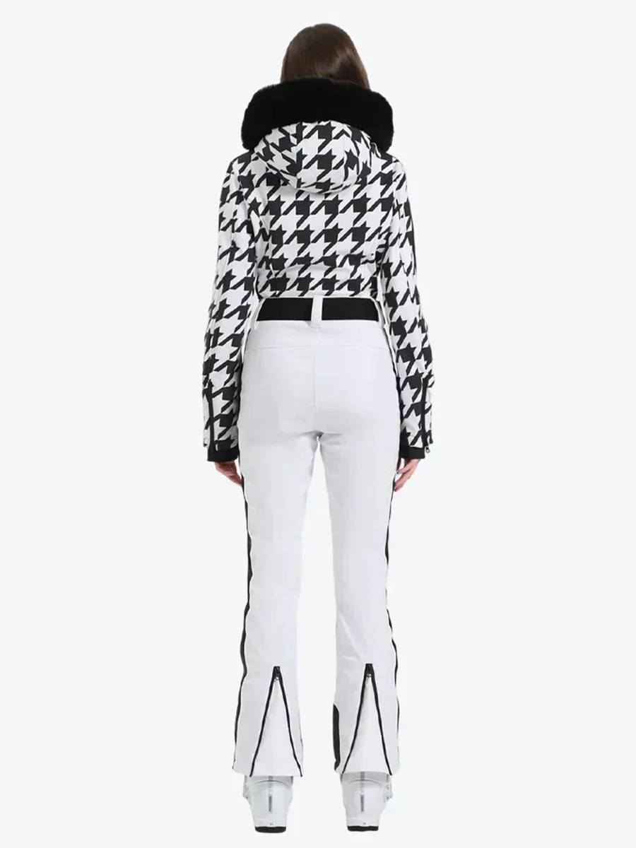 Houndstooth Slim One Piece Ski Suit Fur Collar Design