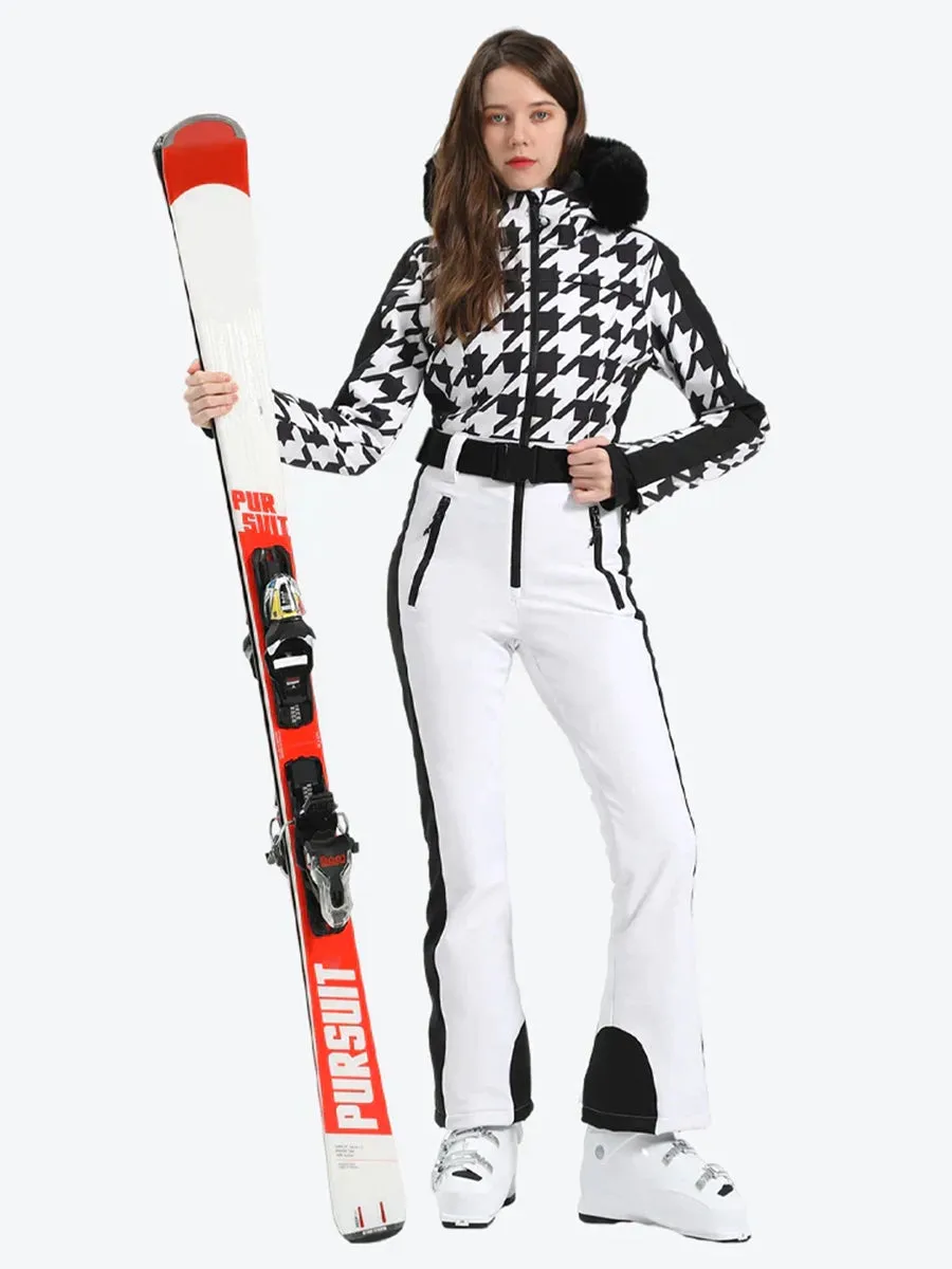 Houndstooth Slim One Piece Ski Suit Fur Collar Design