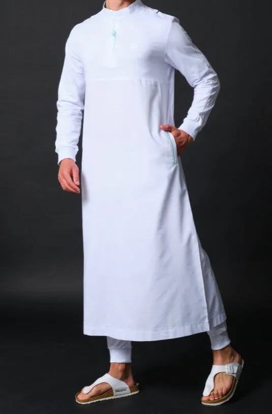 Islamic Men's Lightweight Long Thobe Kamees SUBTIL QL in White and Mint