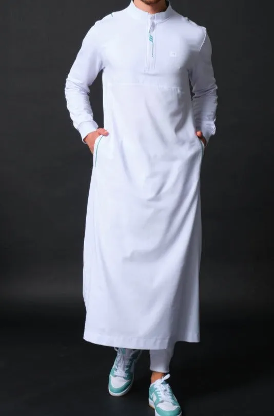 Islamic Men's Lightweight Long Thobe Kamees SUBTIL QL in White and Mint