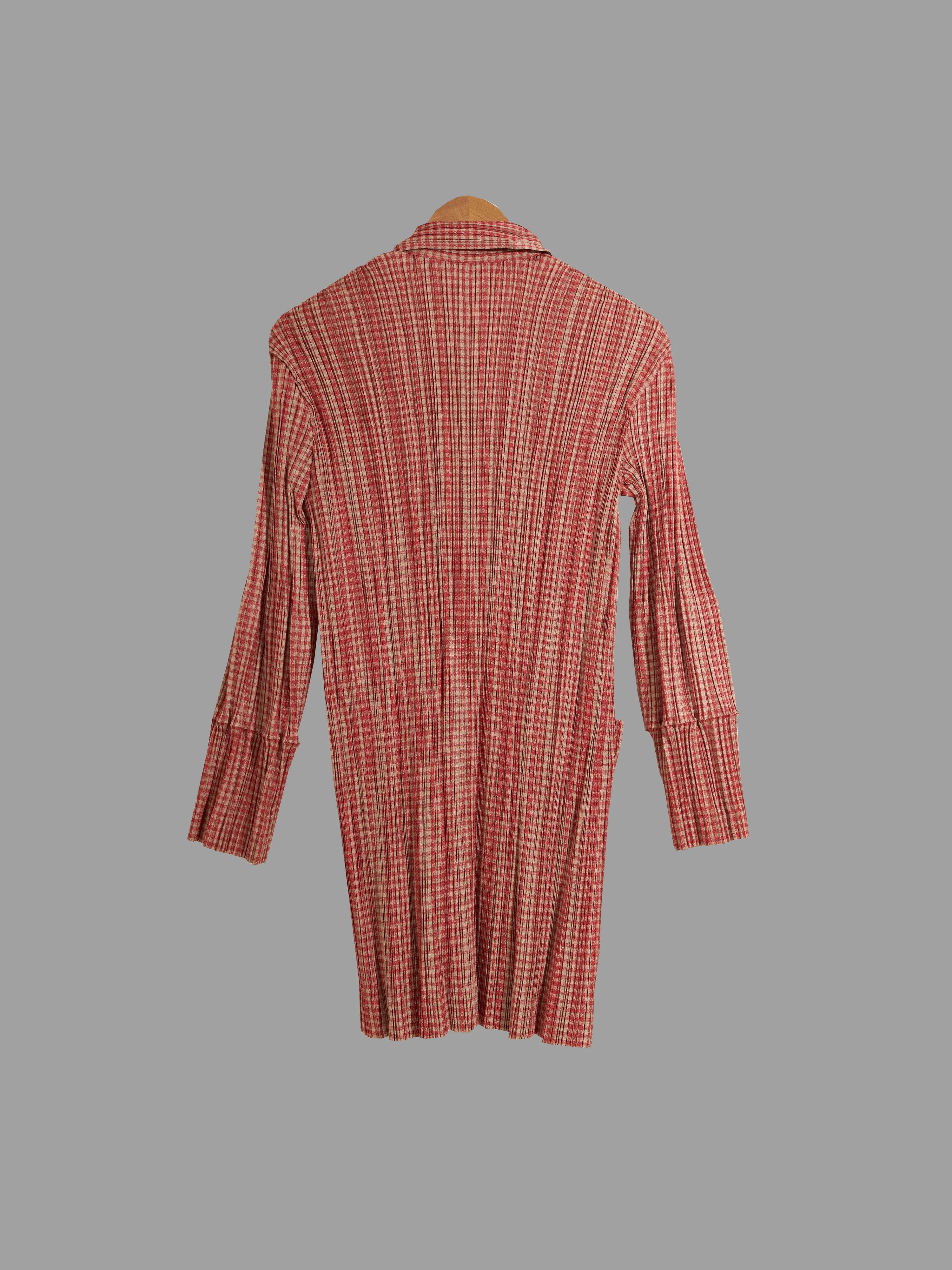 Issey Miyake orange gingham pleated polyester high neck zip coat - L M