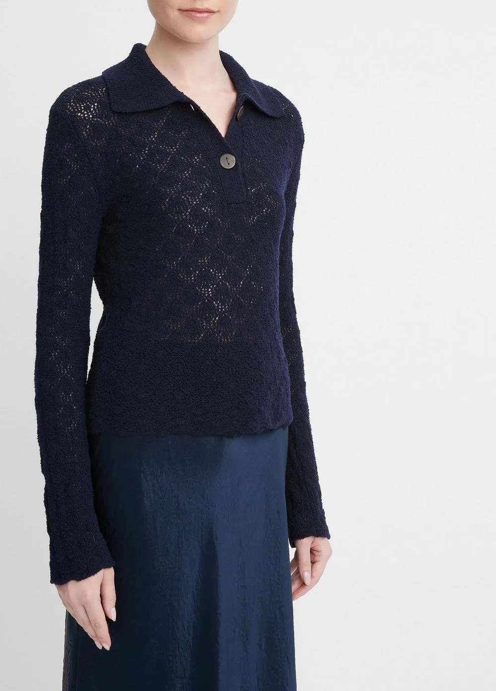 Italian Wool-Blend Lace-Stitch Polo Sweater in Coastal Blue