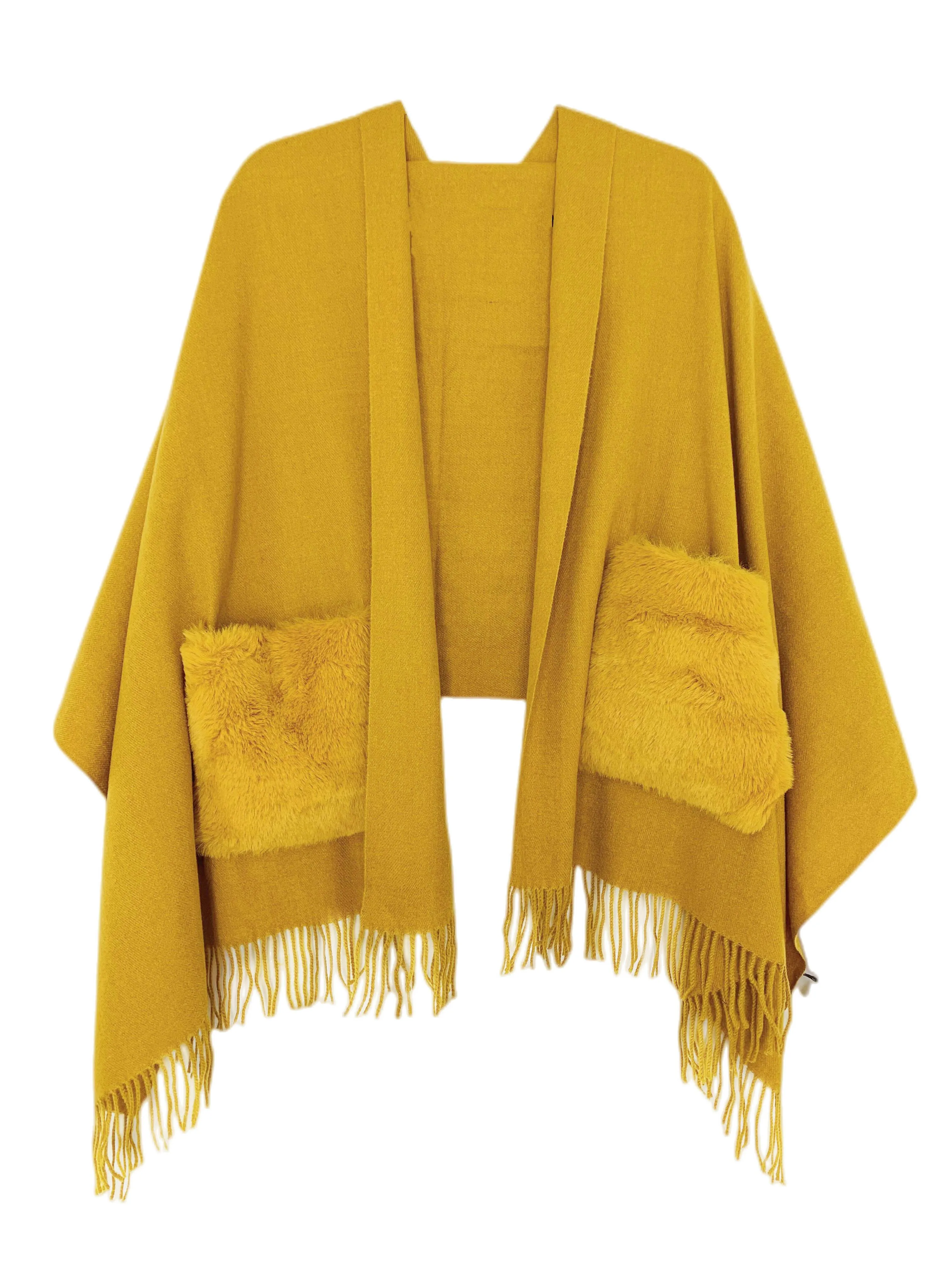 JC032501-11 Colors-Cashmere Blend Scarf/Shawl with Fur Pockets