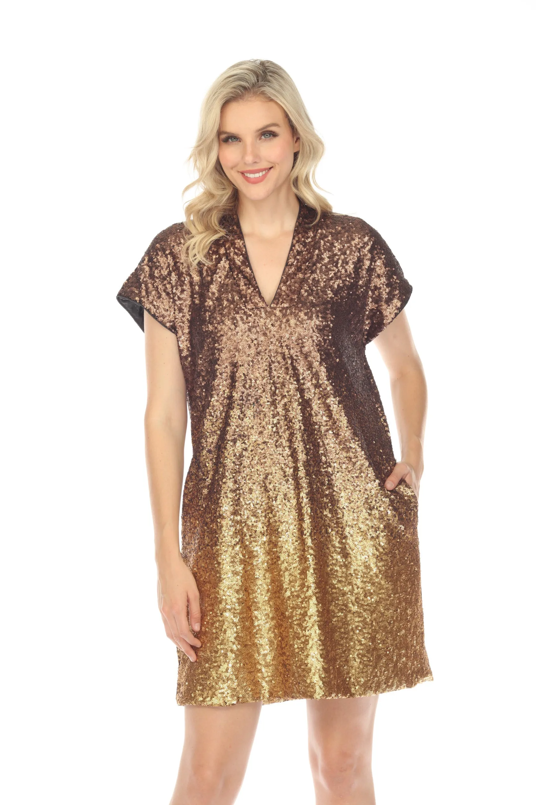 Johnny Was Sequin Gold Alma V-Neck Shift Dress Boho Chic R30223