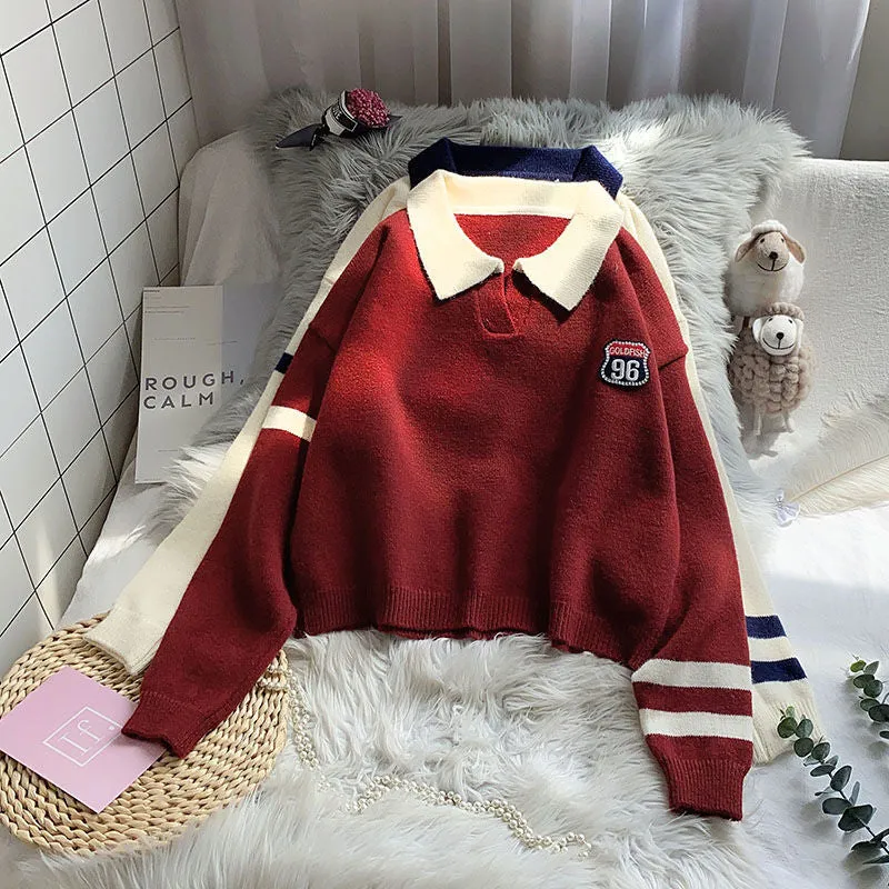 Joskaa Christmas Gift EBAIHUI Autumn Winter  Knitted Sweater Women Casual Polo Collar Preppy Style Loose Knitted Pullover Female Beige Red Jumper 2024