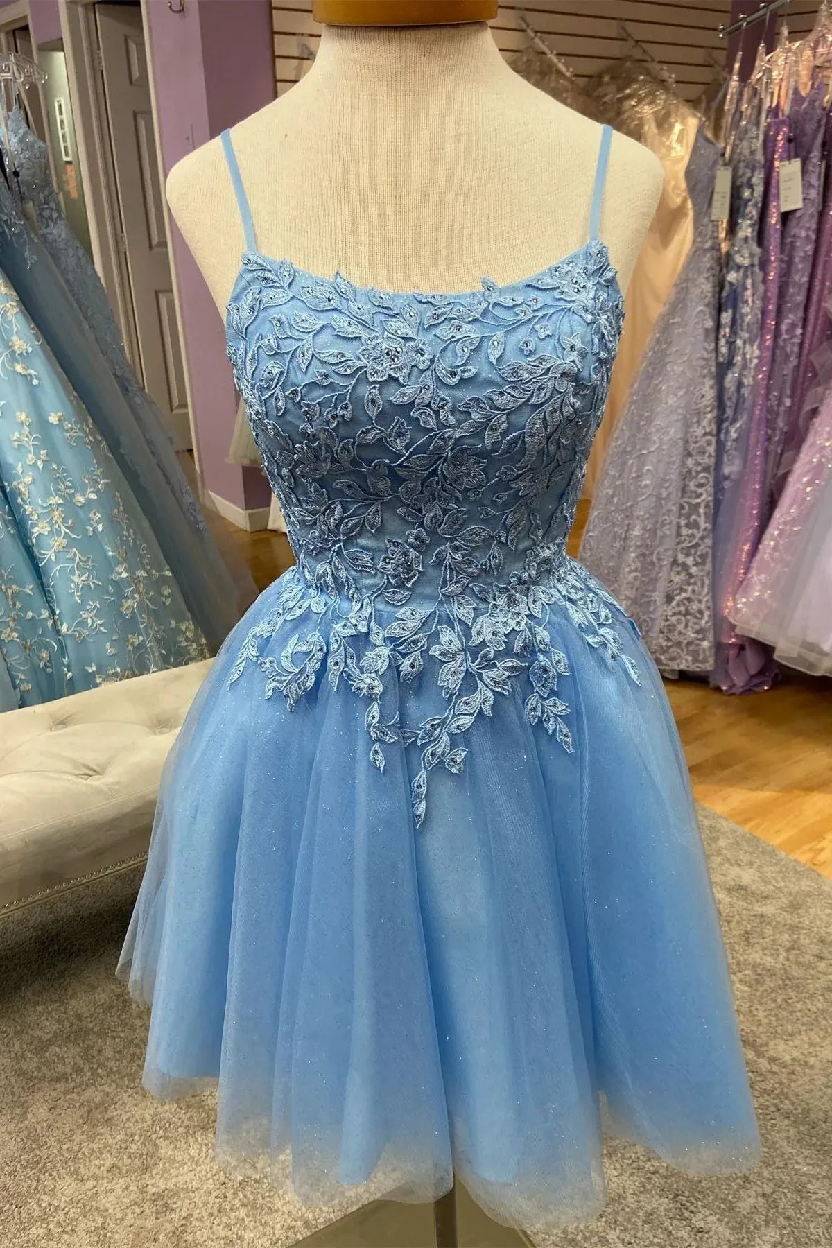 Juniors Blue Lace Homecoming Dress