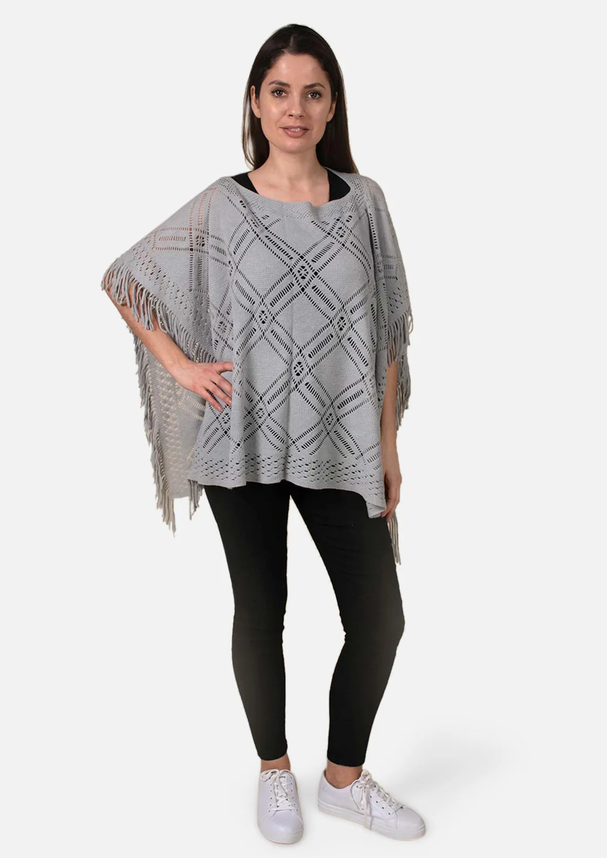 Knitted Poncho With Fringe Detailing