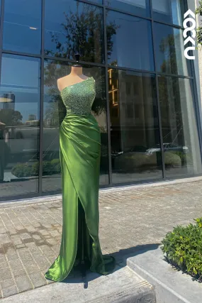 L1870 - Strapless Sleeveless Sequined Ruched Satin Sheath Long Evening Dress