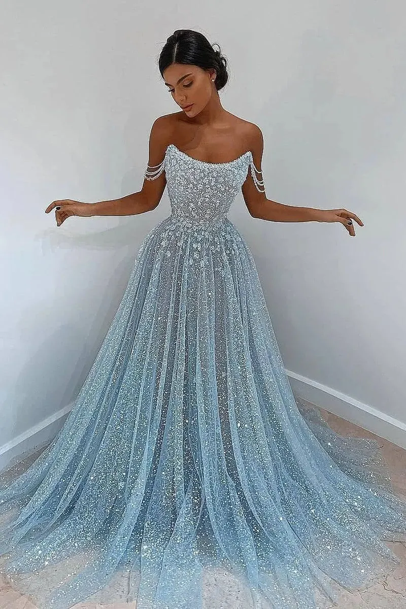 L2022 - Sparkle Off-Shoulder Sequined Appliqued Tulle A-Line Long Evening Prom Dress