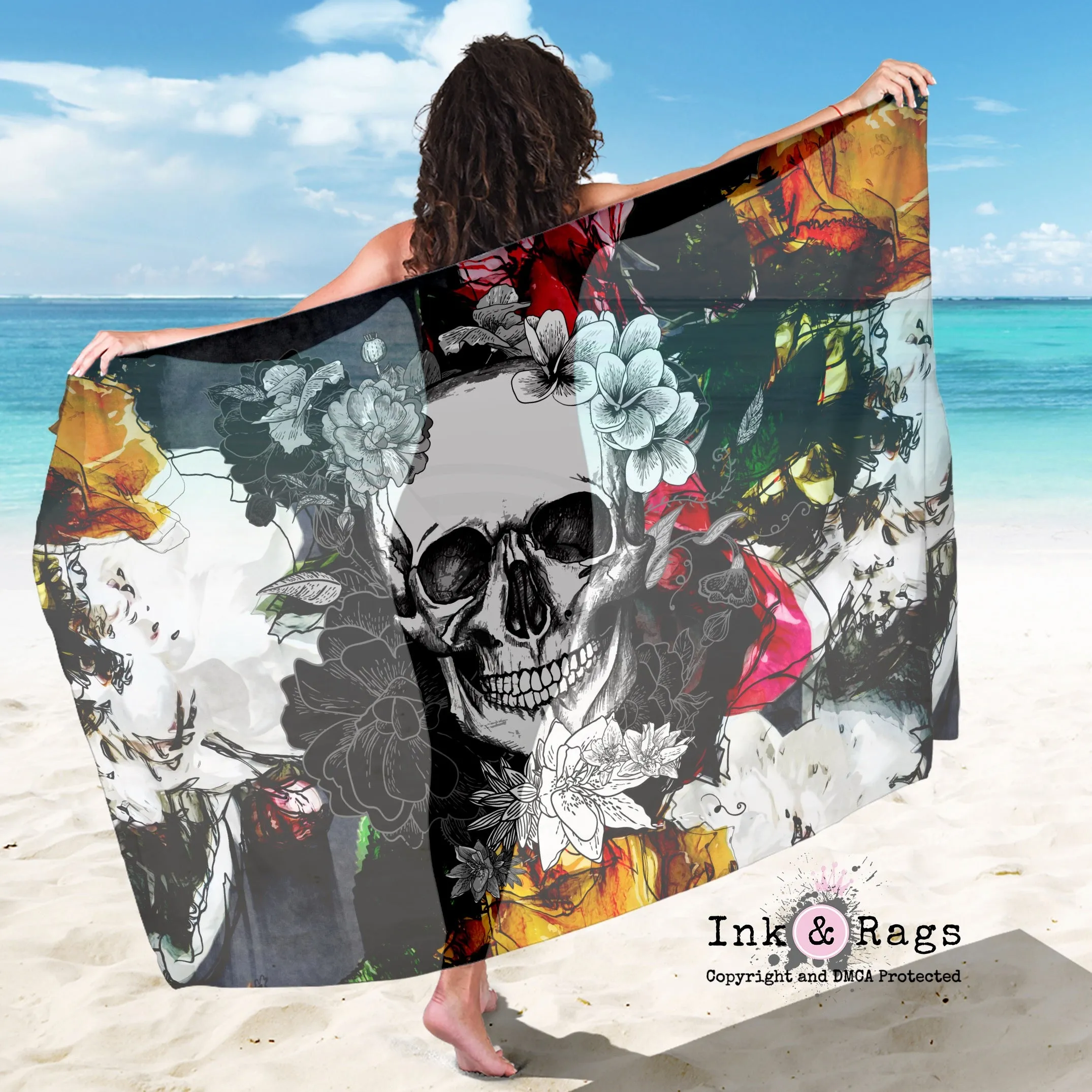 Large Sheer Abstract Colorful Flower Skull Scarf, Sarong, Shawl