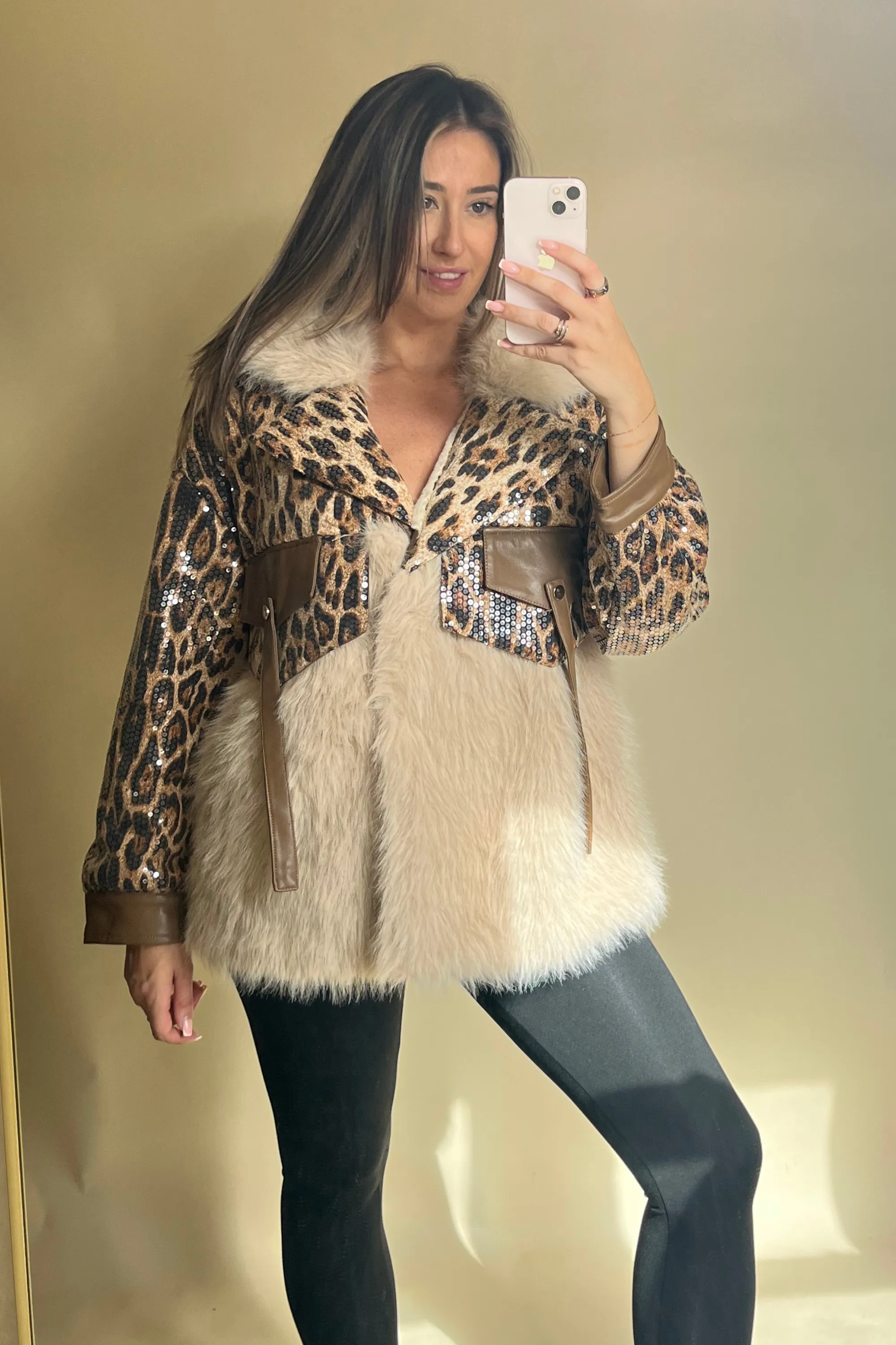 Leopard Fur Coat with Sequin Leopard Panelling