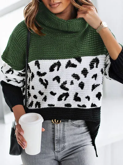 Leopard Turtleneck Dropped Shoulder Sweater