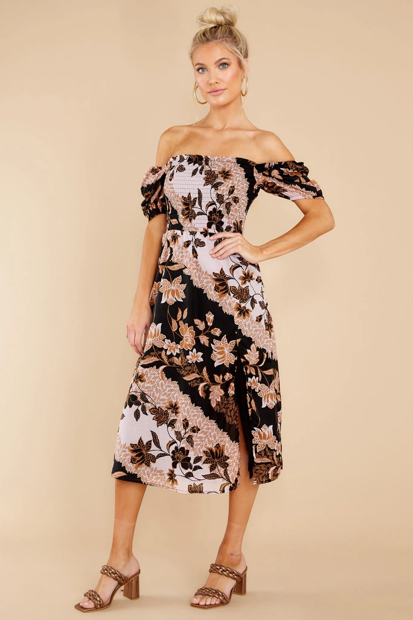 Let Love Go Blush And Black Floral Print Midi Dress