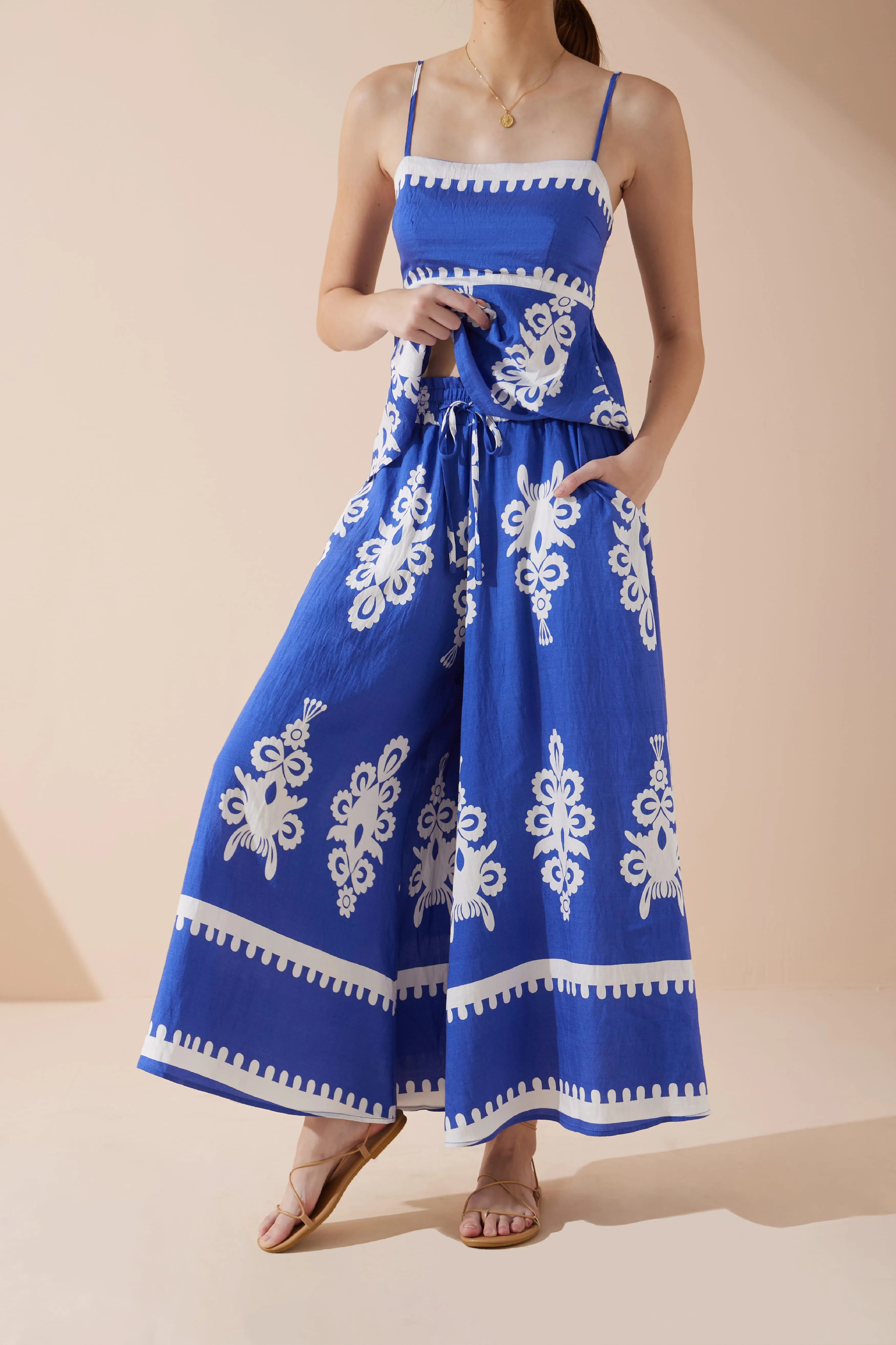 Lune Blue Abstract Wide Leg Cropped Pants