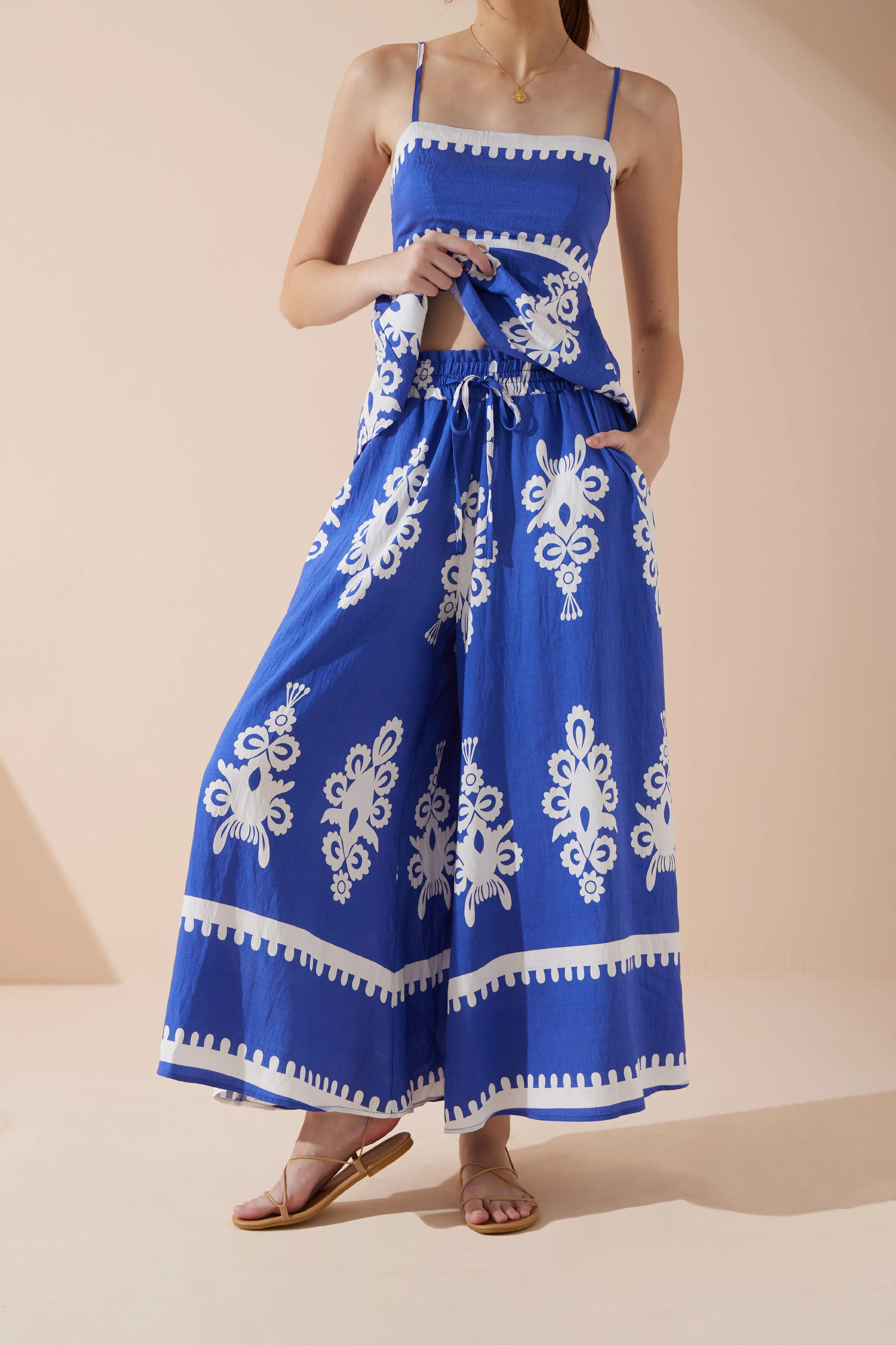 Lune Blue Abstract Wide Leg Cropped Pants