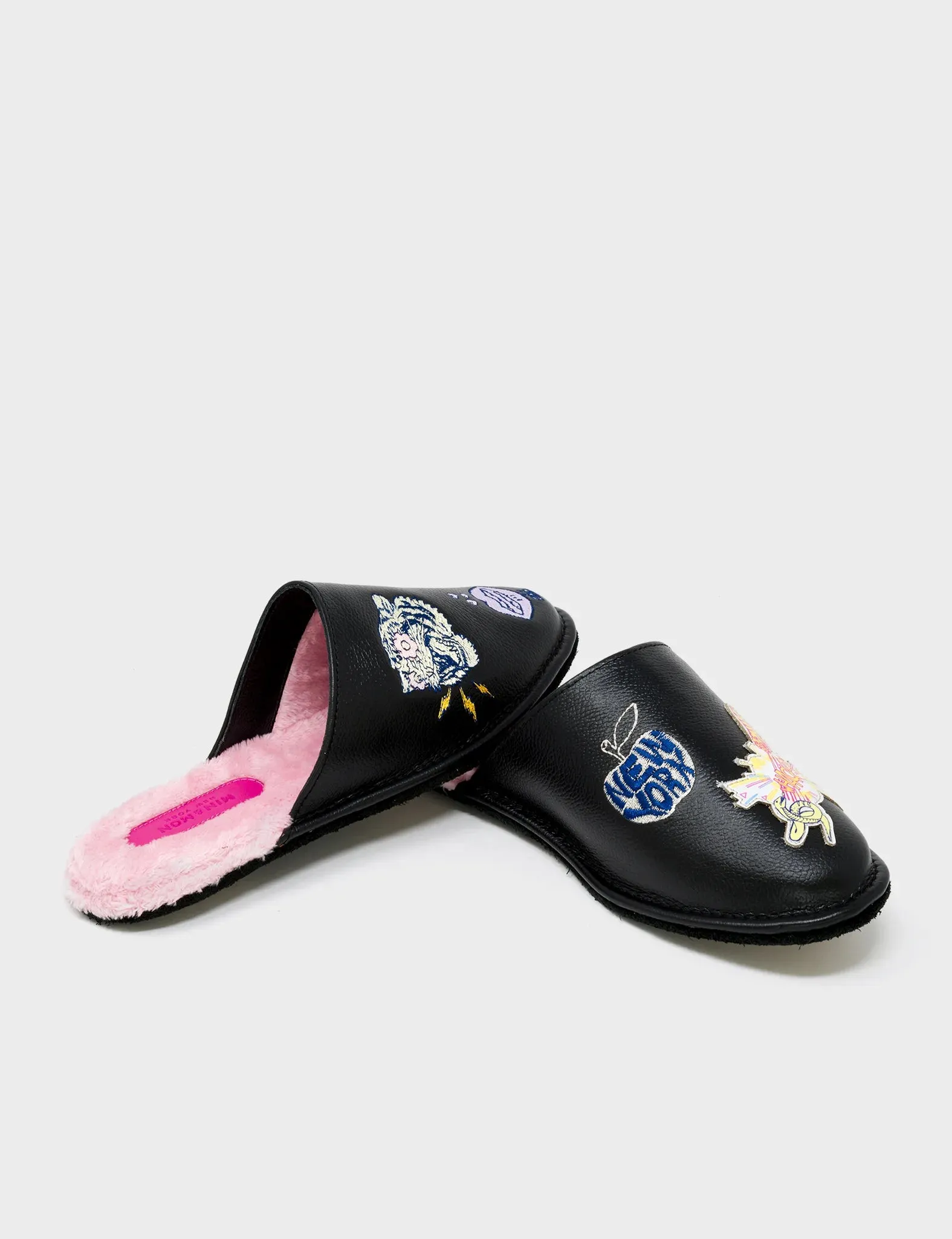 Marcelo Black Leather Slippers - Tiger Power Embroidery