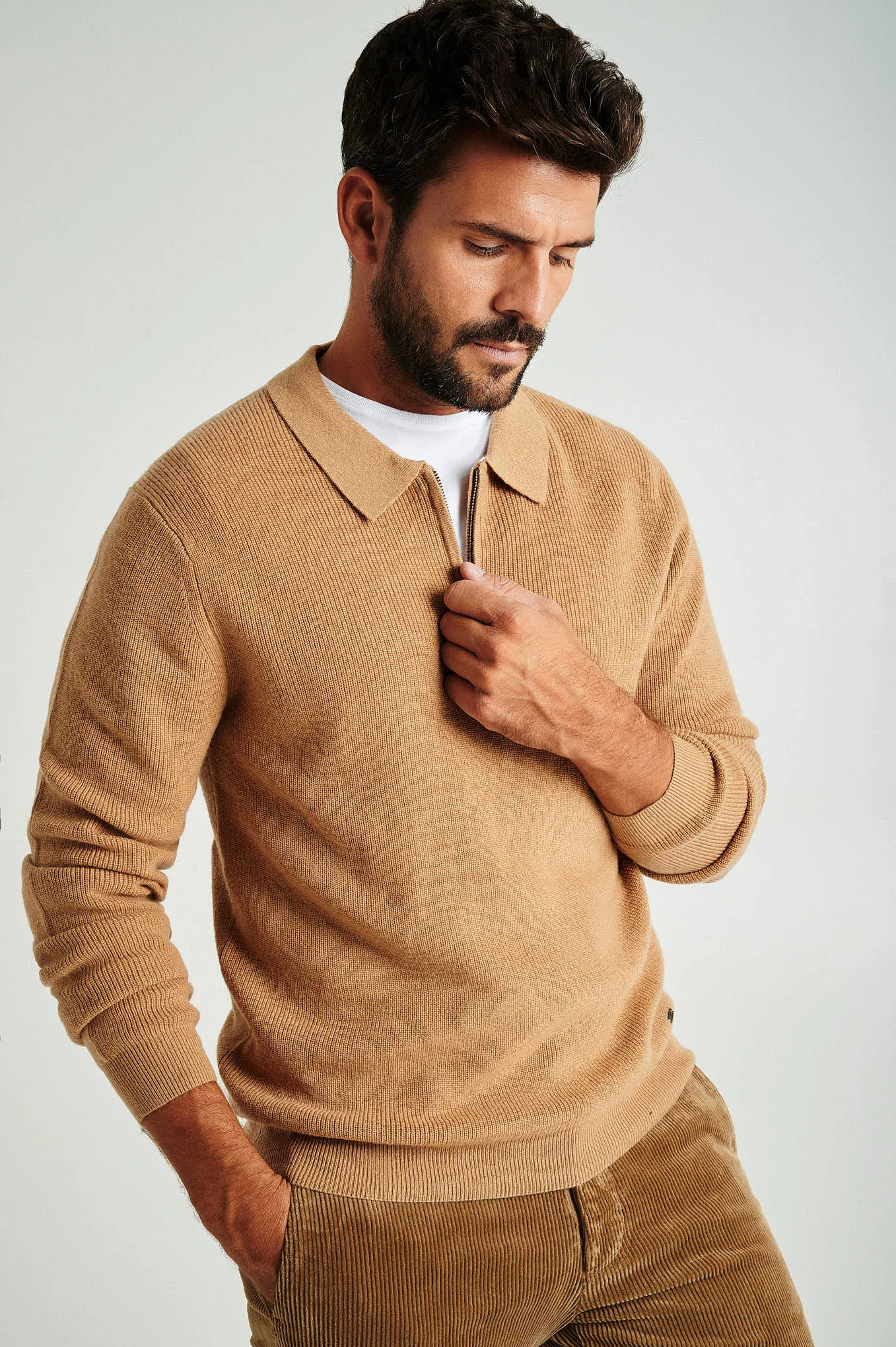 Men's long sleeve merino wool blend polo sweater