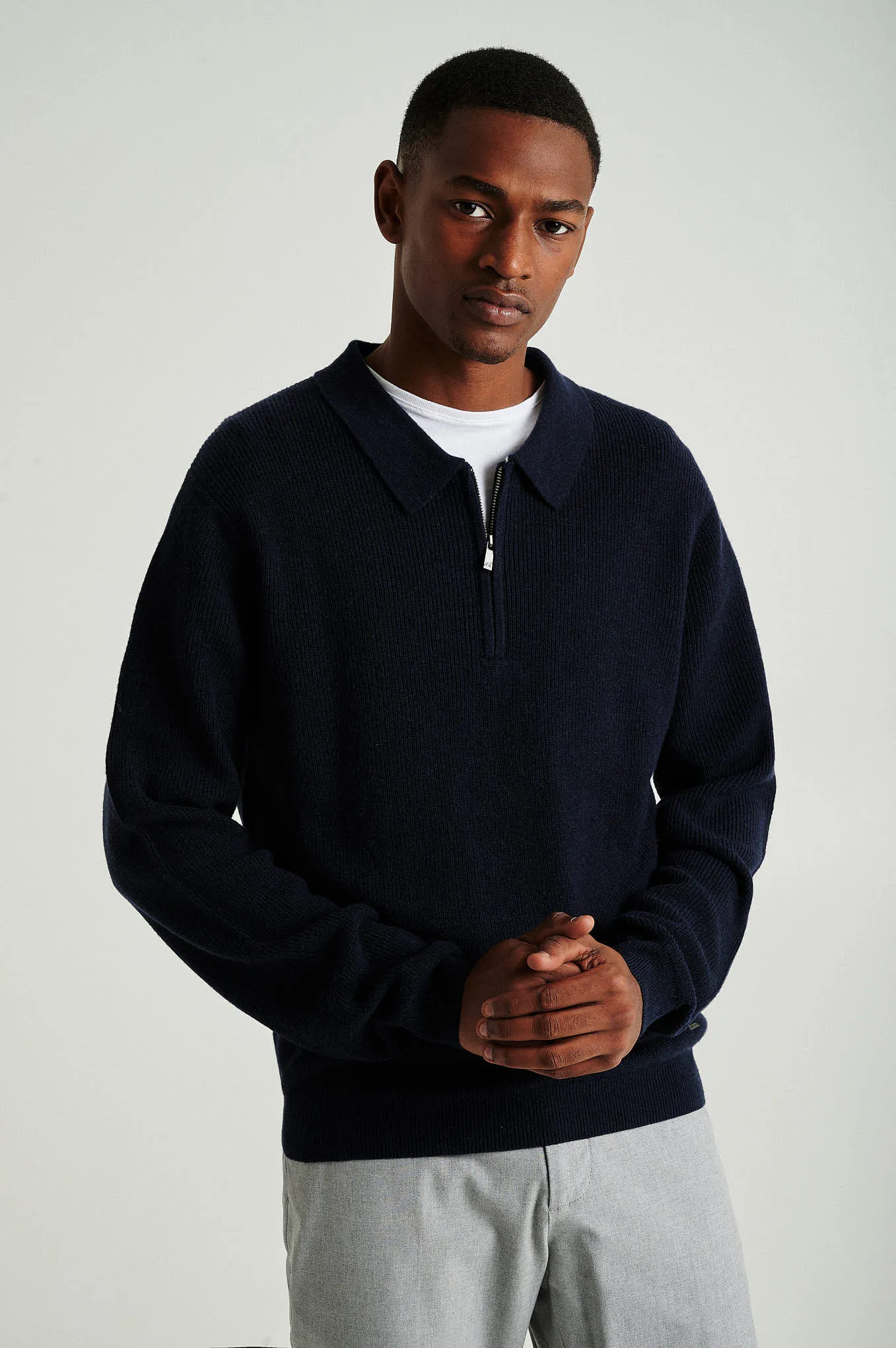 Men's long sleeve merino wool blend polo sweater