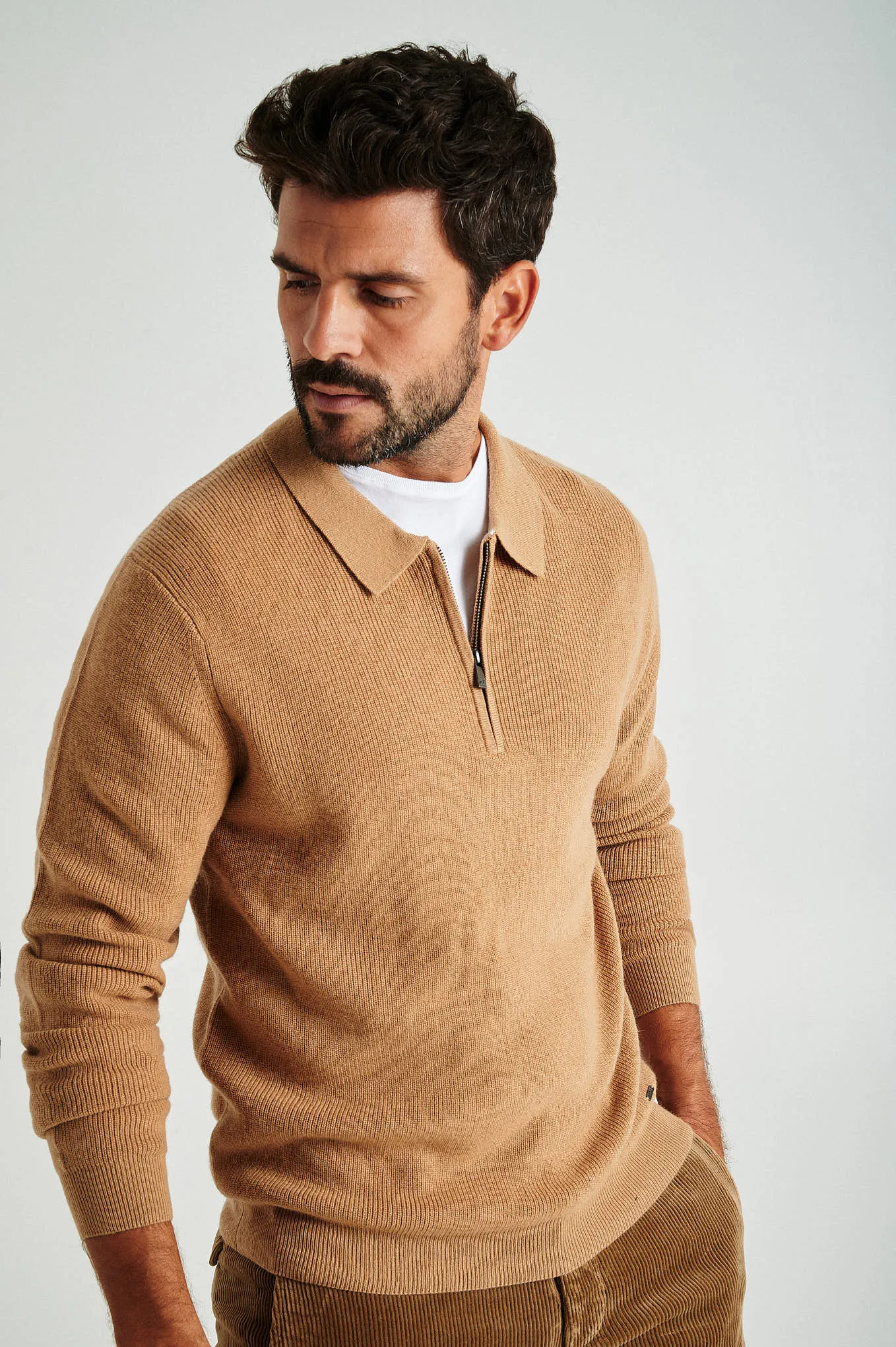 Men's long sleeve merino wool blend polo sweater