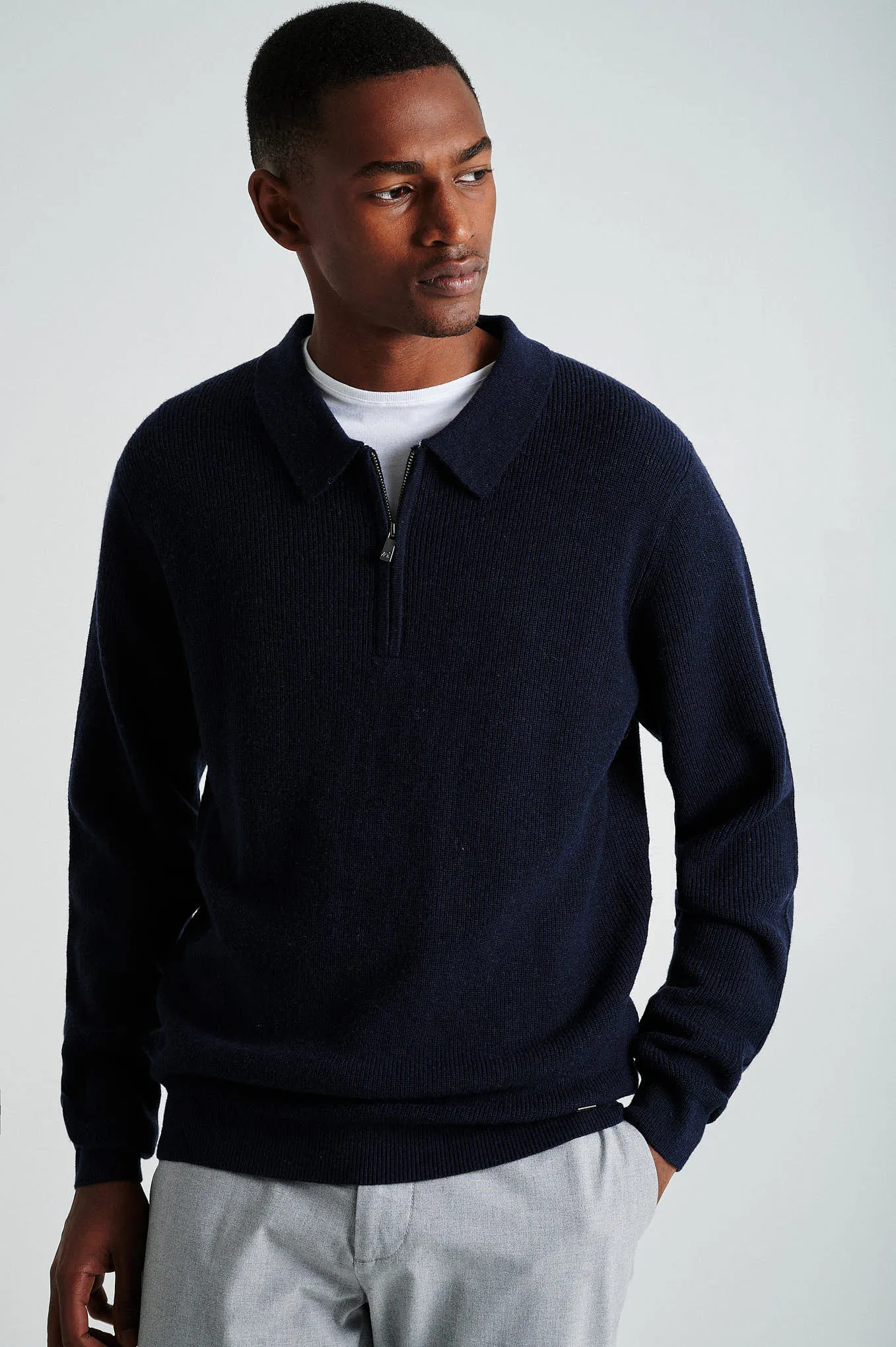 Men's long sleeve merino wool blend polo sweater