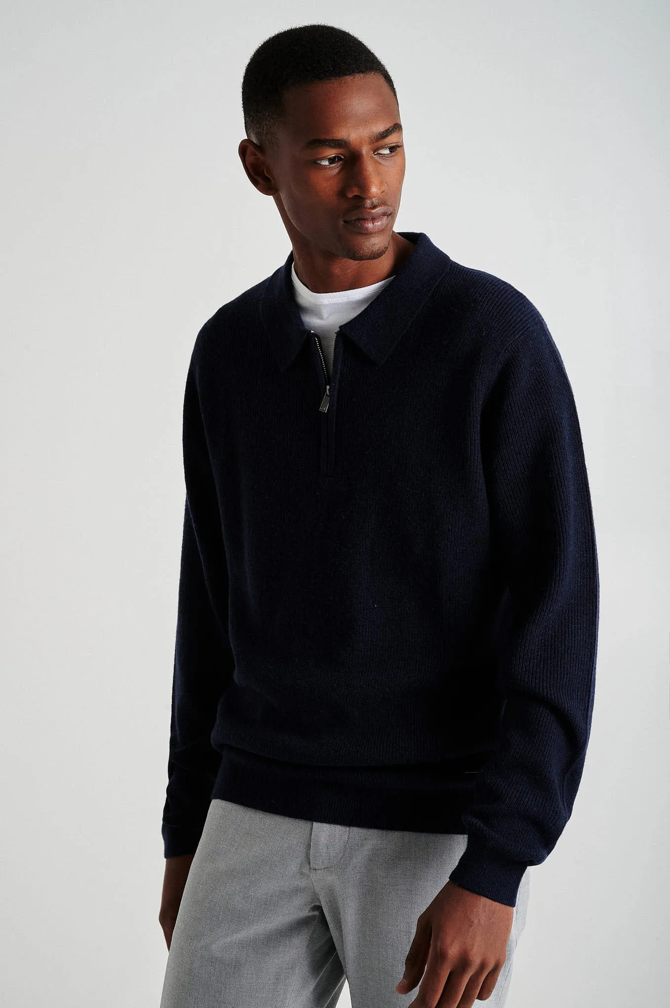 Men's long sleeve merino wool blend polo sweater