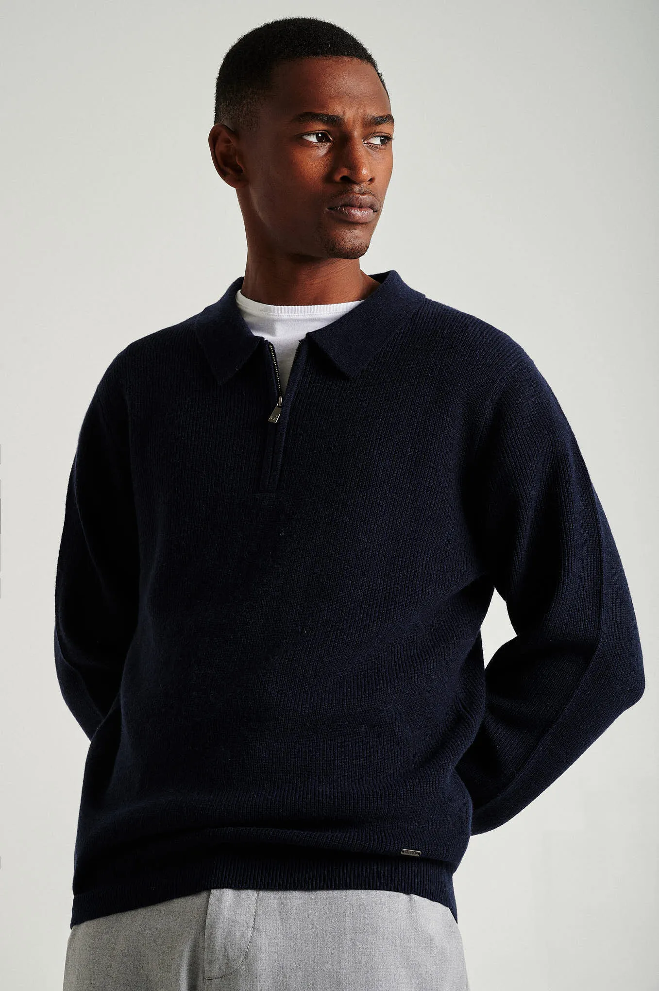 Men's long sleeve merino wool blend polo sweater