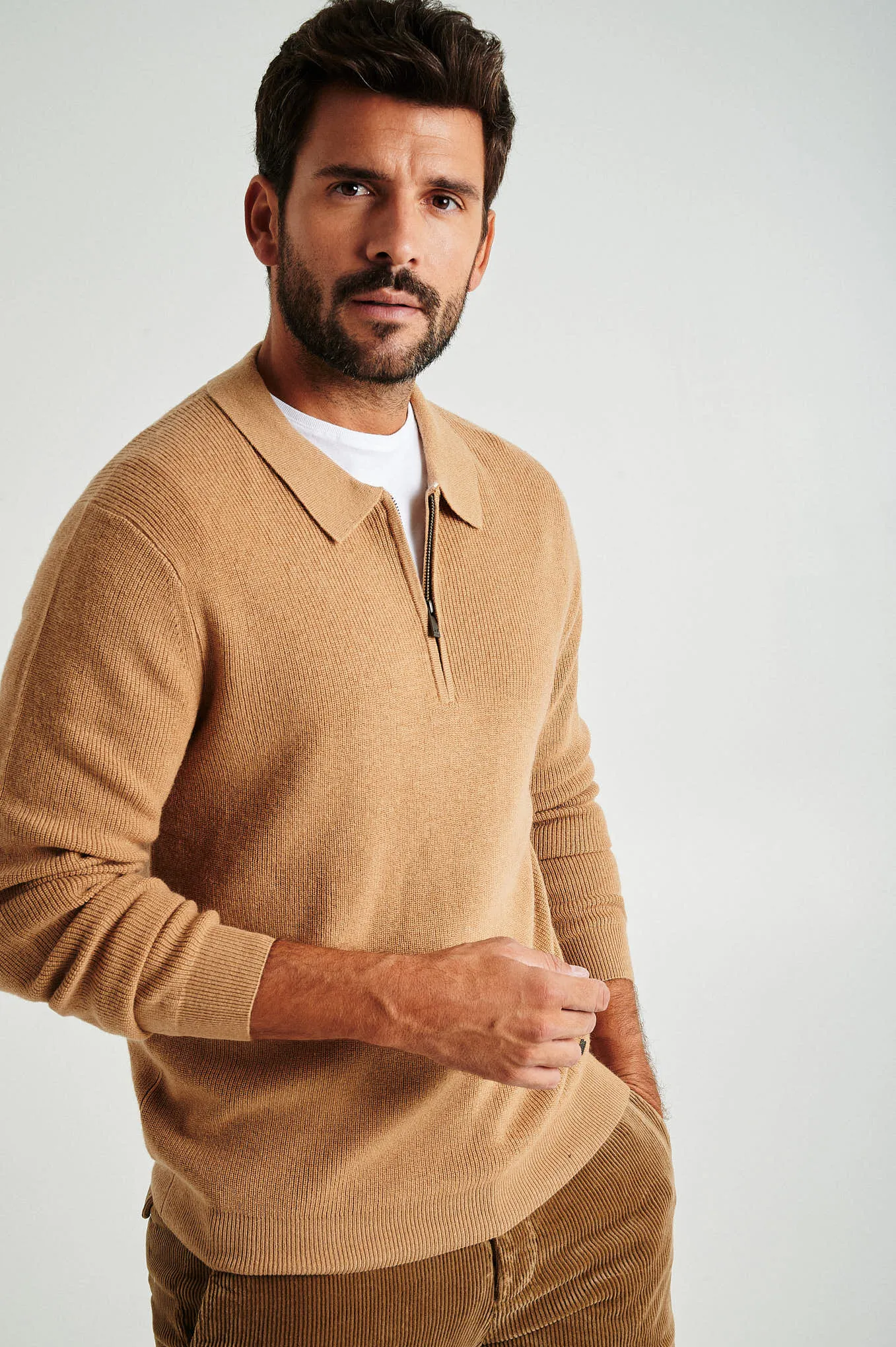 Men's long sleeve merino wool blend polo sweater