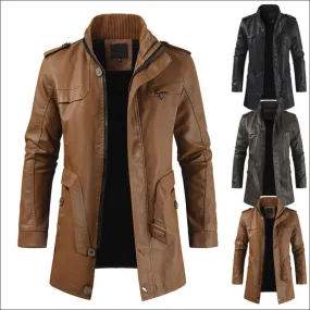 Men's Mid-length Fleece-lined Faux Leather Coat with Stand Collar