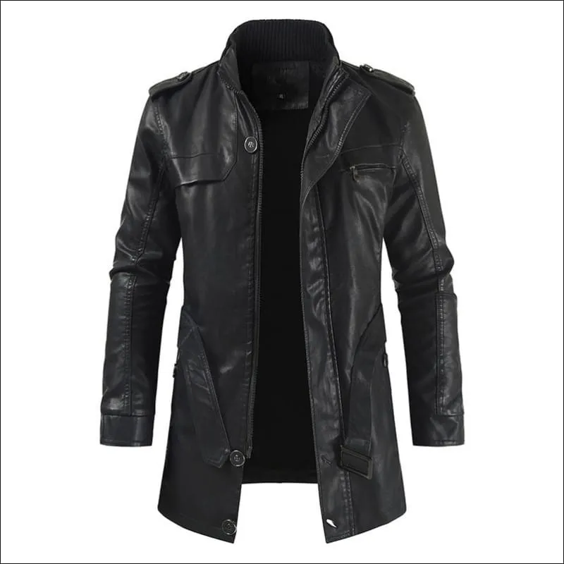 Men's Mid-length Fleece-lined Faux Leather Coat with Stand Collar