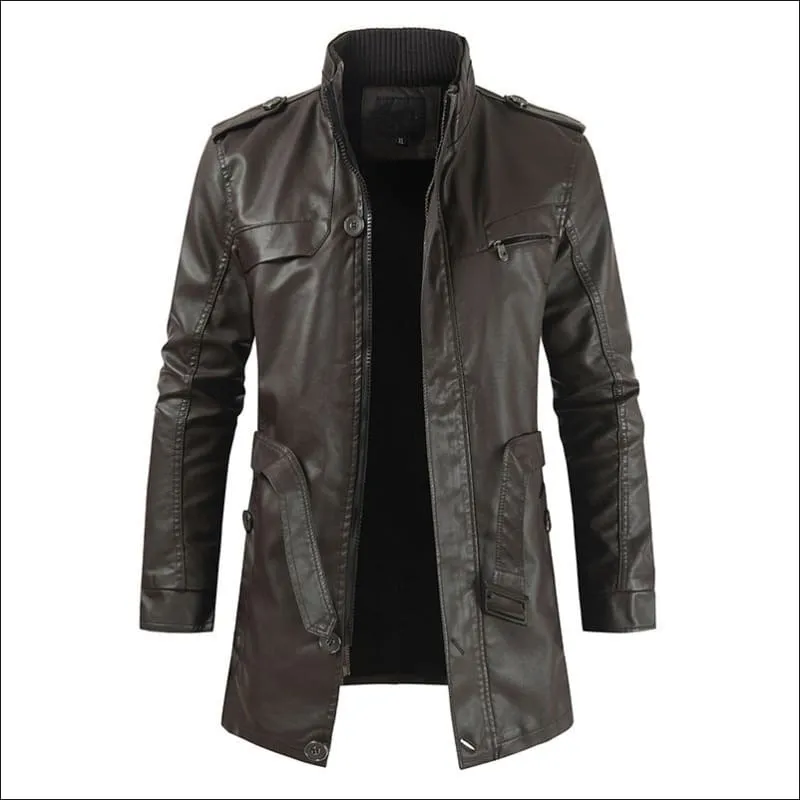 Men's Mid-length Fleece-lined Faux Leather Coat with Stand Collar