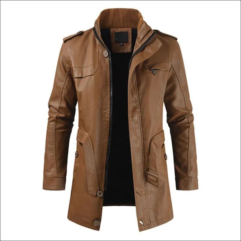 Men's Mid-length Fleece-lined Faux Leather Coat with Stand Collar