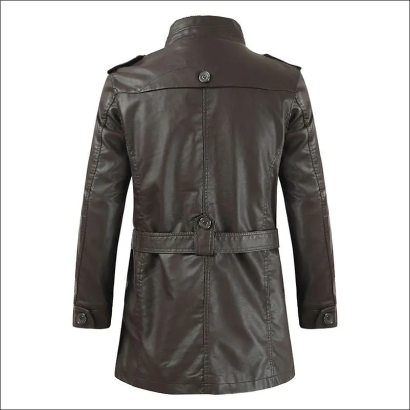 Men's Mid-length Fleece-lined Faux Leather Coat with Stand Collar