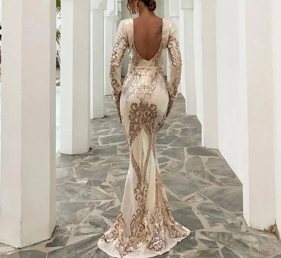 Micah Long Sleeves Backless Sequin Maxi Dress