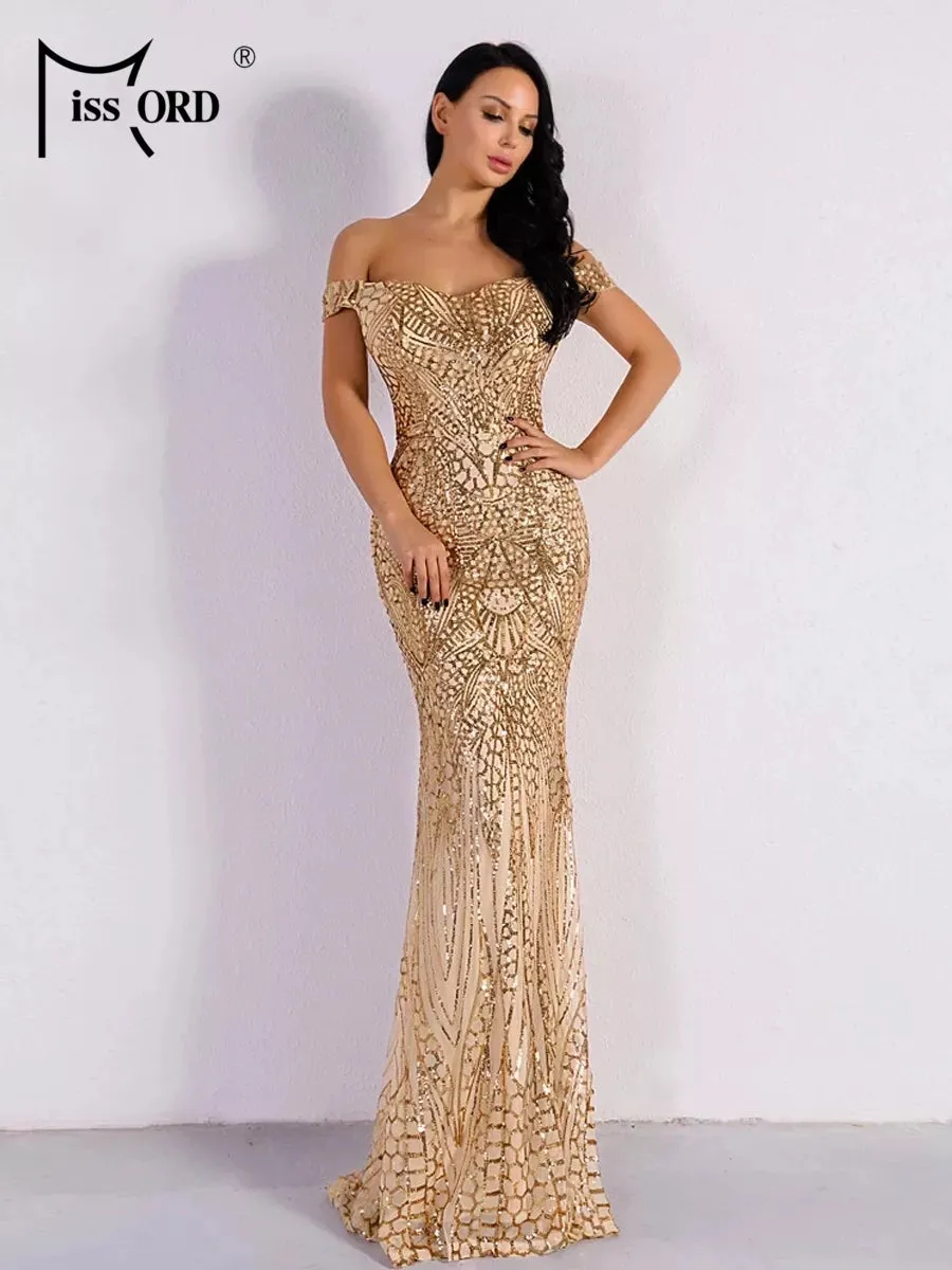 Missord Gold Long Evening Dress Elegant Women Off Shoulder Sequin Backless Bodycon Maxi Wedding Party Prom Dresses Ladies Gown