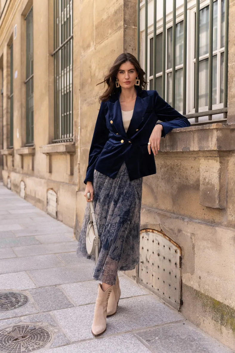 Navy Long Sleeve Velvet Blazer