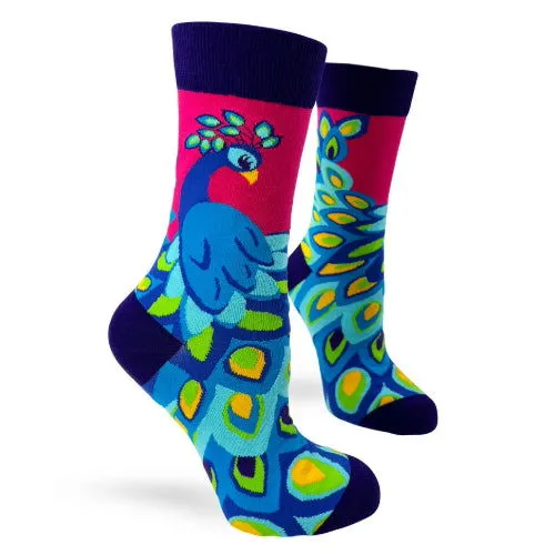 Novelty: Bright & Colorful Peacock - Crew Socks