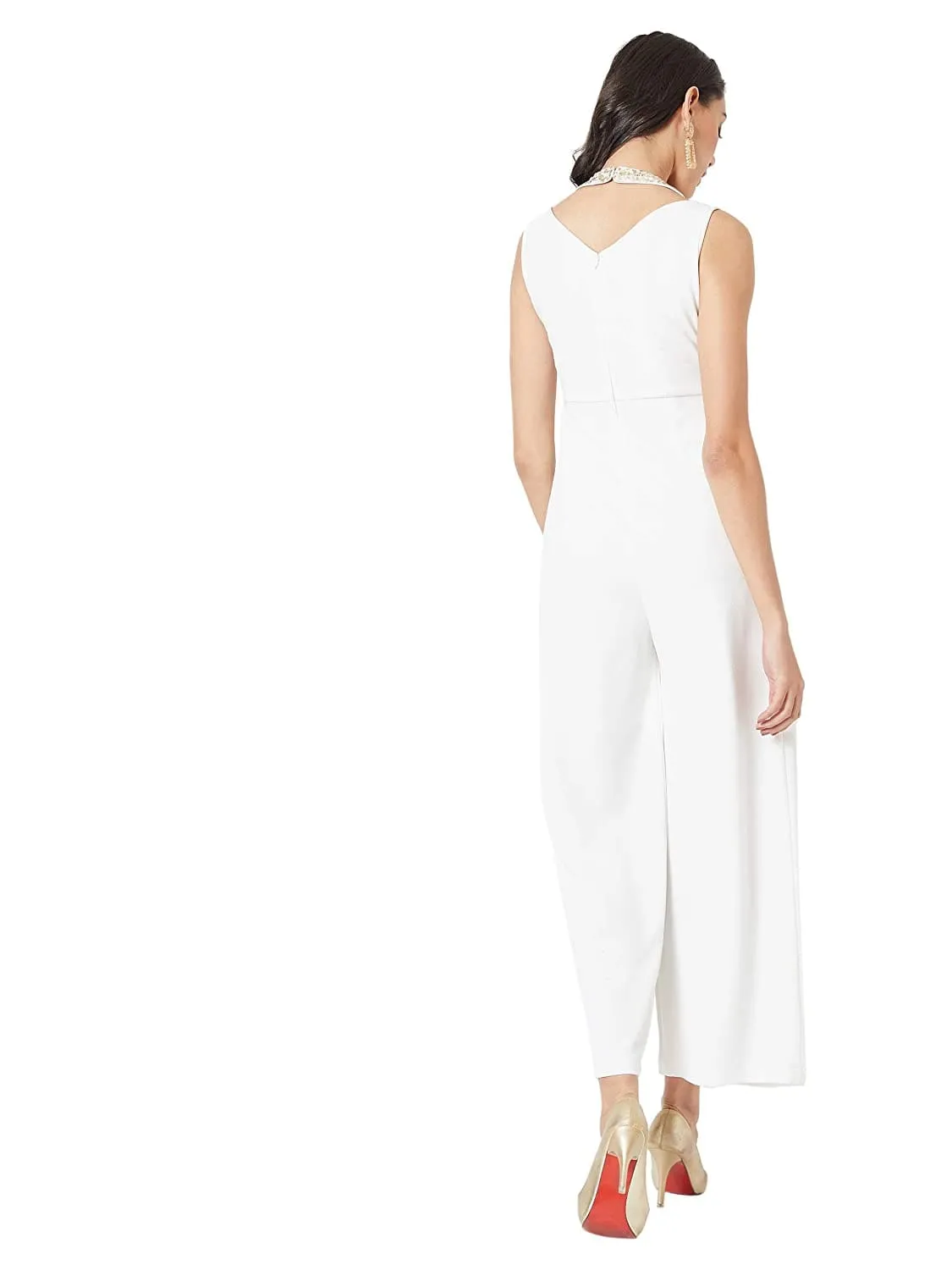 Off White Halter Neck Sleeveless Solid Pleated Regular Length Sequins Paneled Jumpsuit