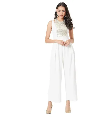 Off White Halter Neck Sleeveless Solid Pleated Regular Length Sequins Paneled Jumpsuit