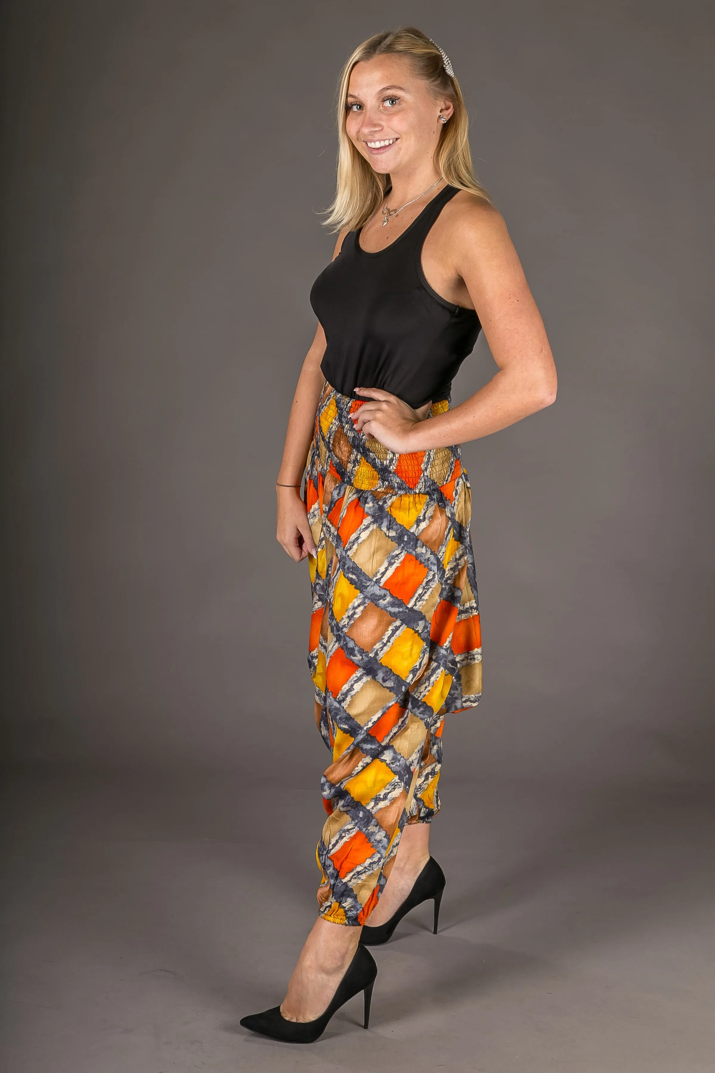 Orange Yellow Squares Print Cotton Harem Yoga Jumpsuit Pants