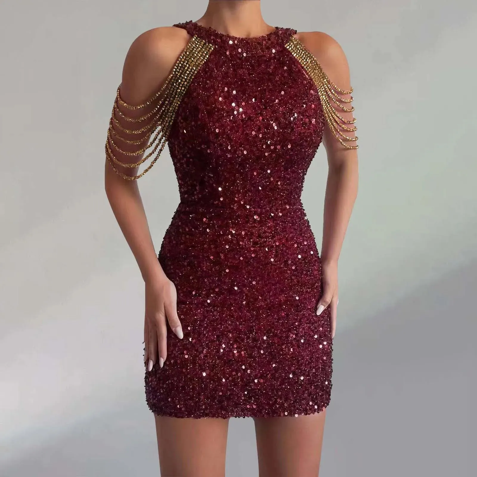 Party Club Evening Short Sexy Bodycon Tassel Hollow Out Off Shoulder Sequined Casual Spring Dress