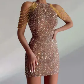 Party Club Evening Short Sexy Bodycon Tassel Hollow Out Off Shoulder Sequined Casual Spring Dress