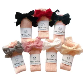 Peach Knee High Socks with Velvet Bows