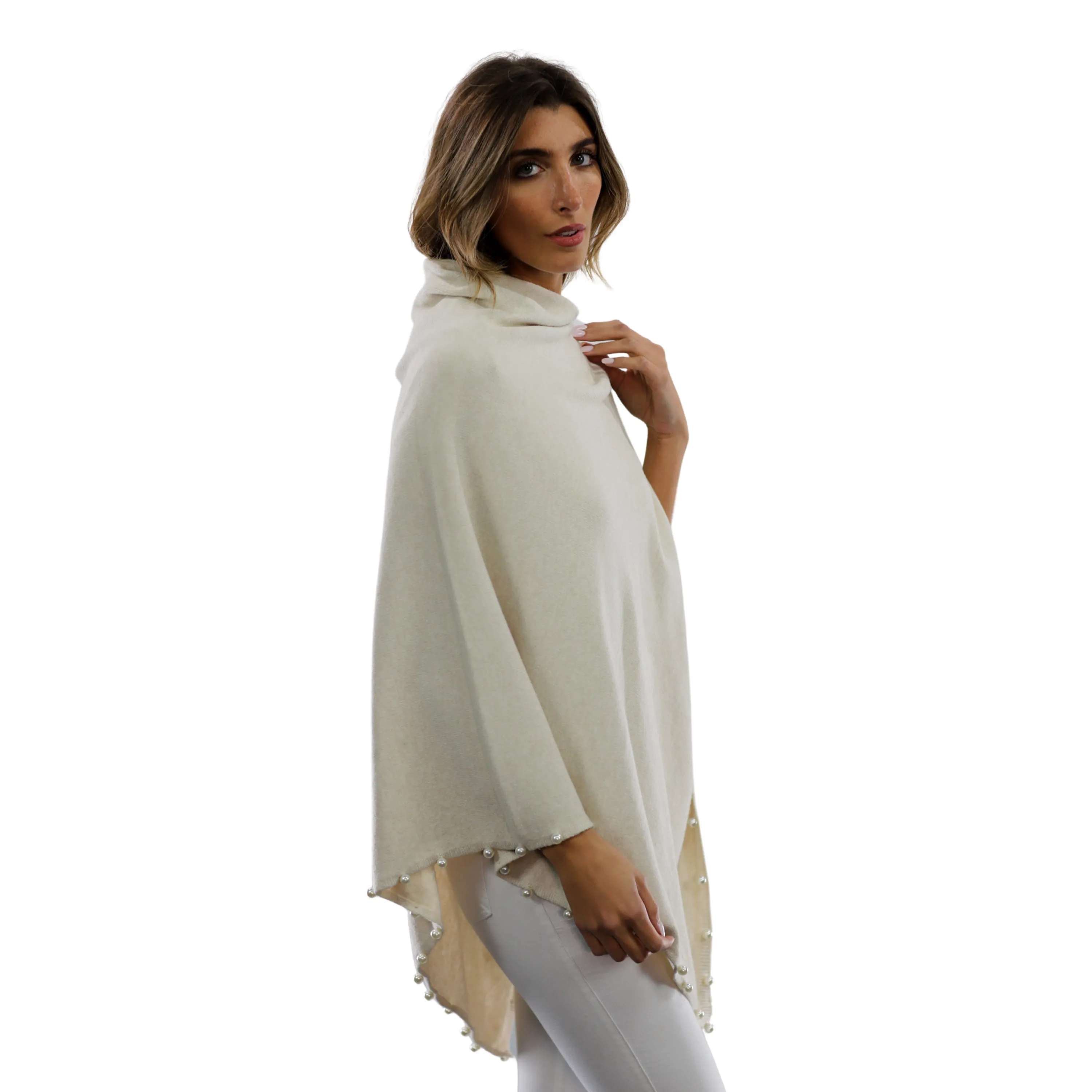 Pearl Trim Poncho - Ivory