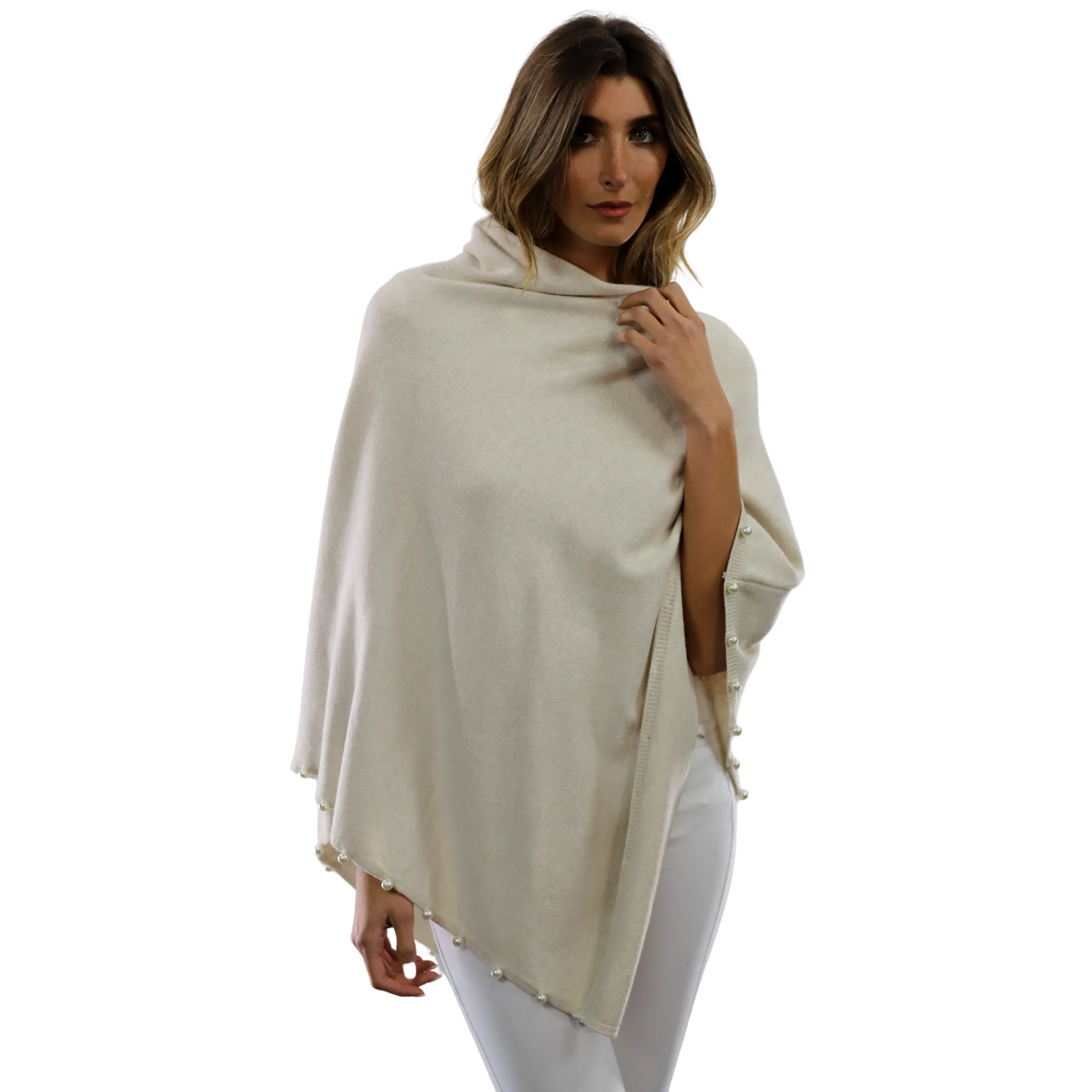 Pearl Trim Poncho - Ivory