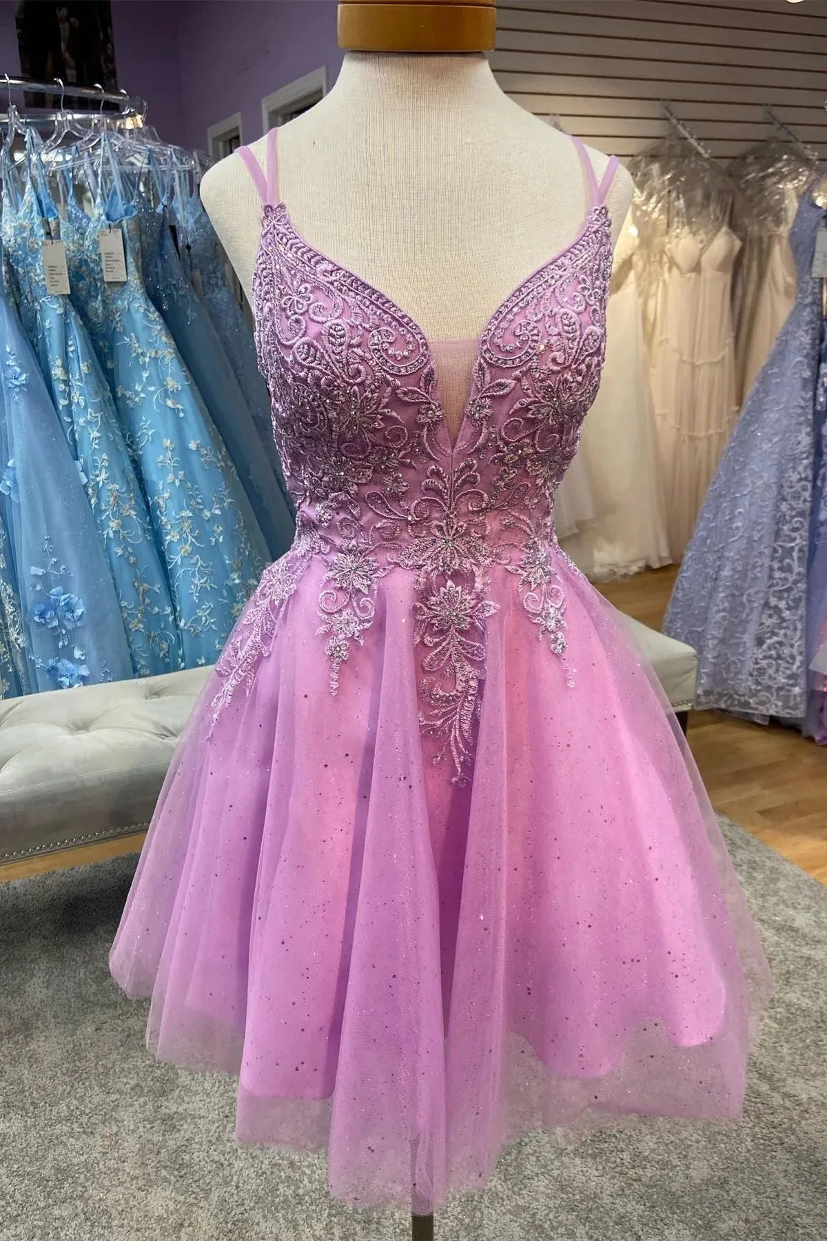 Pink Plunge  V neck Tulle Homecoming Dress